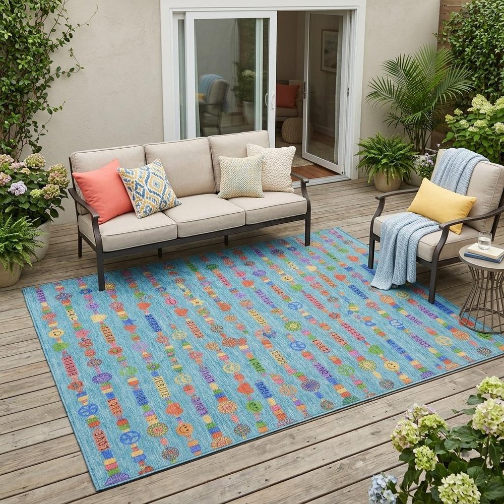 5' X 8' Teal Blue And Beige Geometric Washable Indoor Outdoor Area Rug — view 8