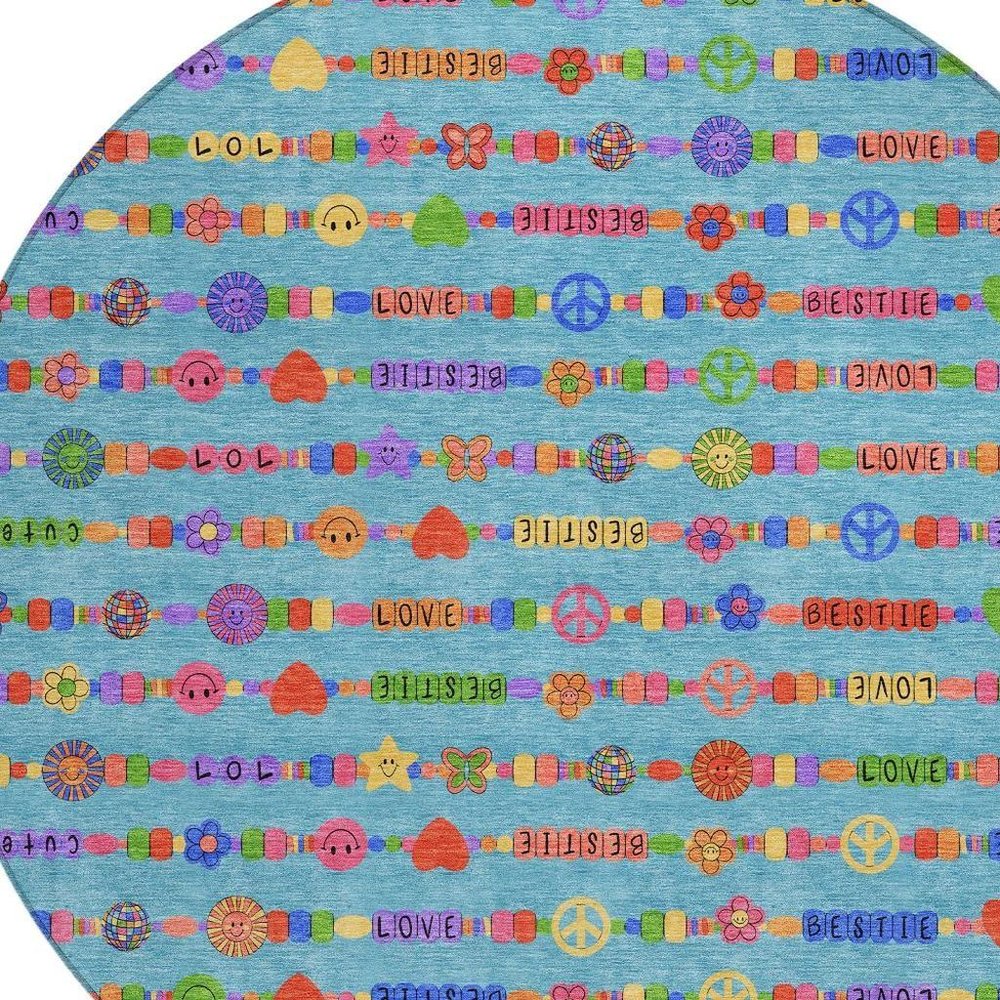 8' Teal Blue And Beige Round Geometric Washable Indoor Outdoor Area Rug