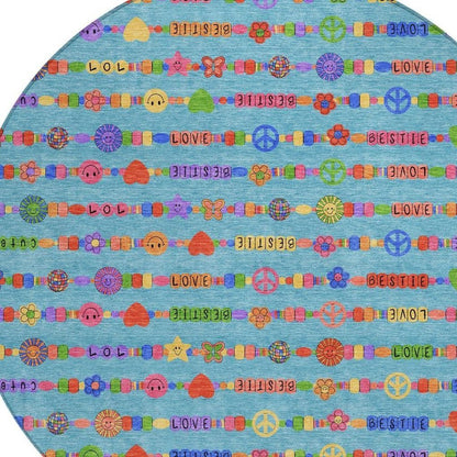 8' Teal Blue And Beige Round Geometric Washable Indoor Outdoor Area Rug