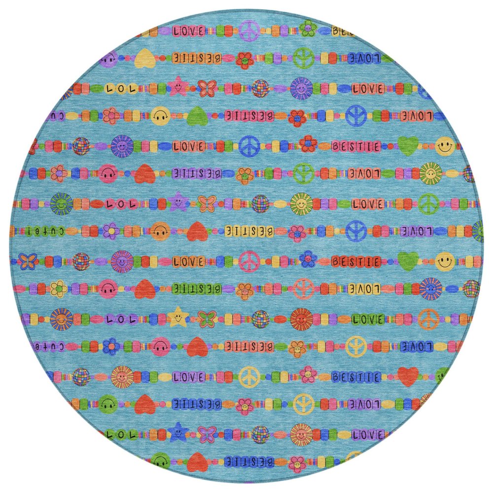 8' Teal Blue And Beige Round Geometric Washable Indoor Outdoor Area Rug — view 1