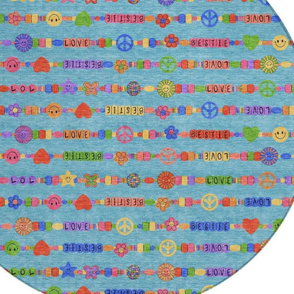 8' Teal Blue And Beige Round Geometric Washable Indoor Outdoor Area Rug HomeRoots
