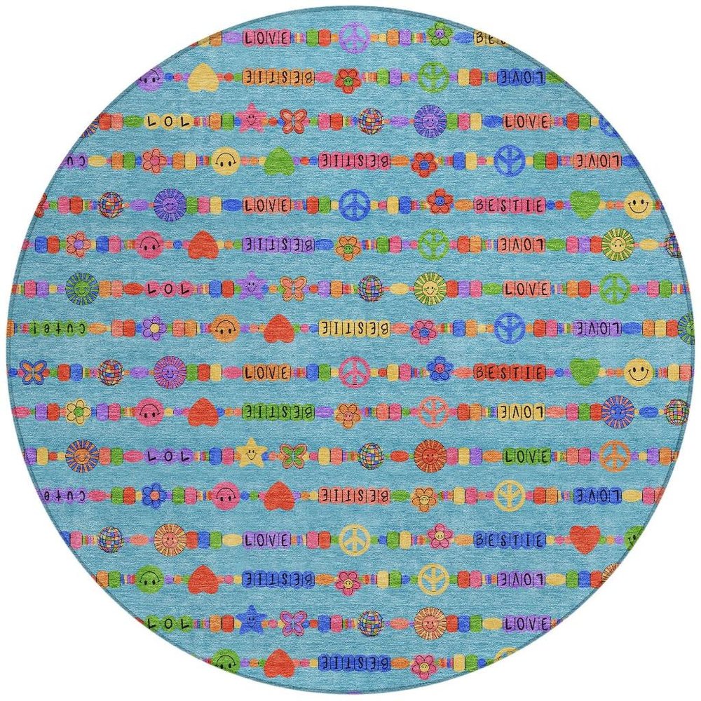 8' Teal Blue And Beige Round Geometric Washable Indoor Outdoor Area Rug