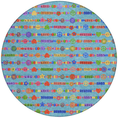 8' Teal Blue And Beige Round Geometric Washable Indoor Outdoor Area Rug