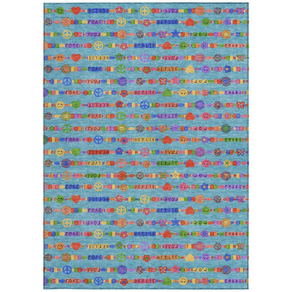9' X 12' Teal Blue And Beige Geometric Washable Indoor Outdoor Area Rug