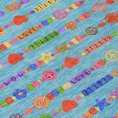 9' X 12' Teal Blue And Beige Geometric Washable Indoor Outdoor Area Rug HomeRoots