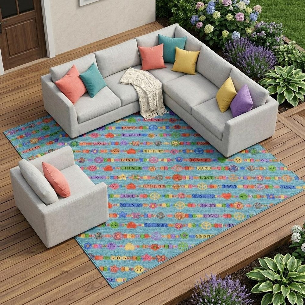 9' X 12' Teal Blue And Beige Geometric Washable Indoor Outdoor Area Rug HomeRoots