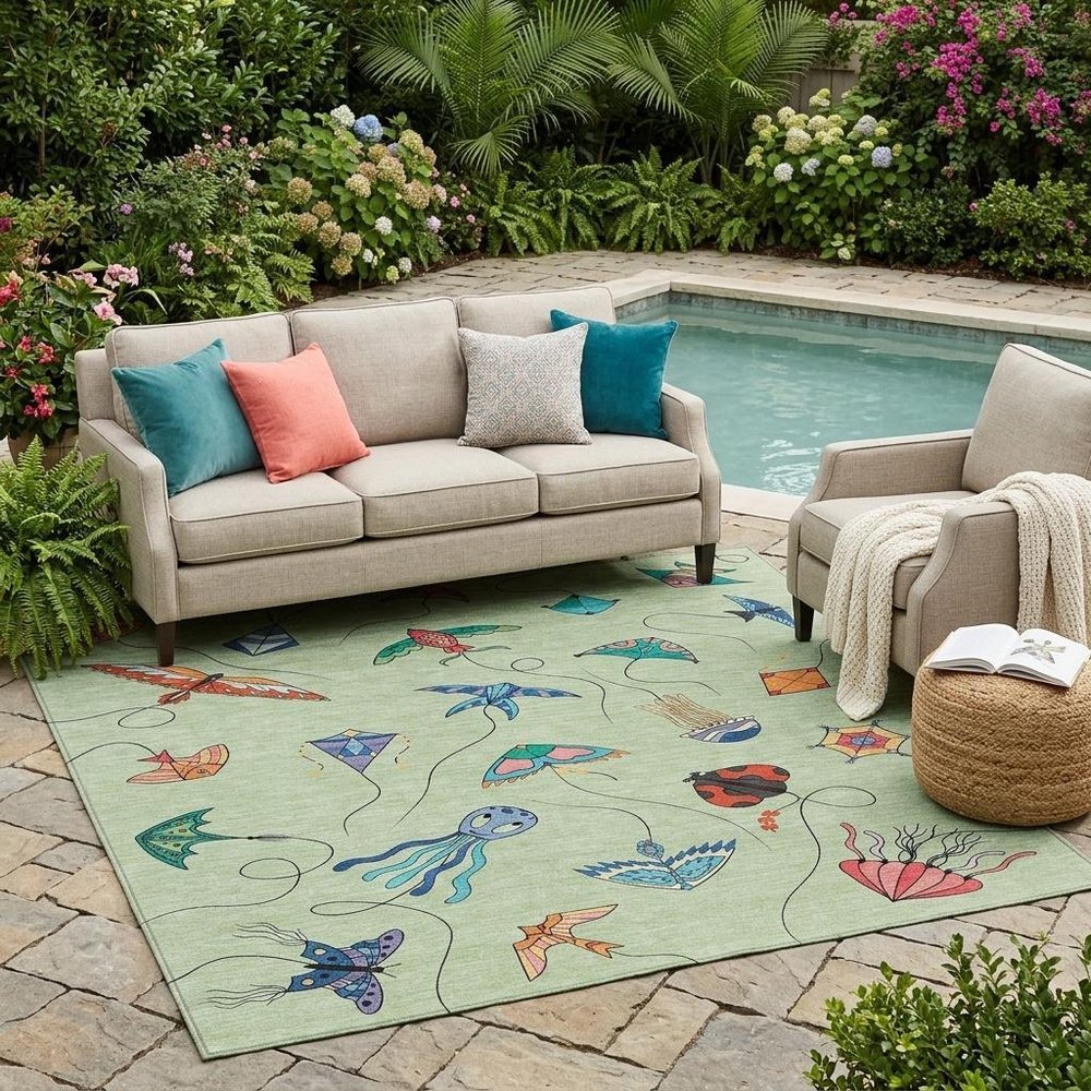 5' X 8' Green And Gold Geometric Washable Indoor Outdoor Area Rug — view 7