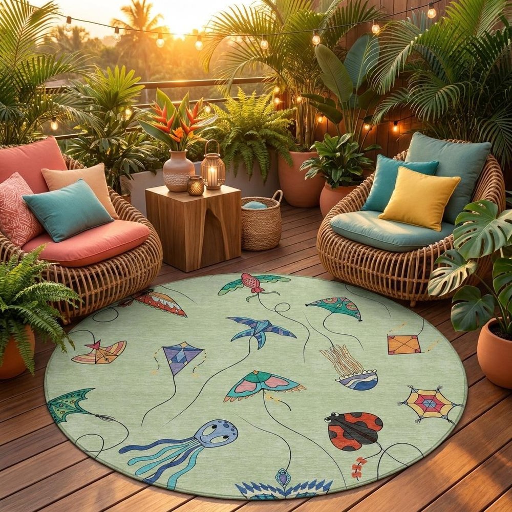 8' Green And Gold Round Geometric Washable Indoor Outdoor Area Rug — view 8
