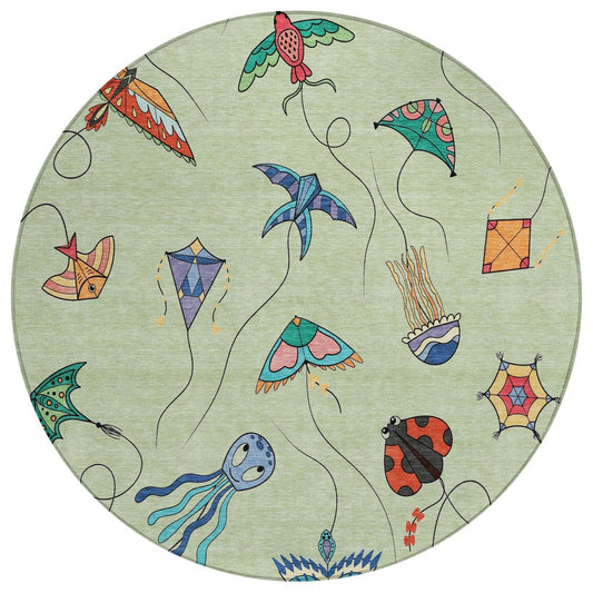 8' Green And Gold Round Geometric Washable Indoor Outdoor Area Rug
