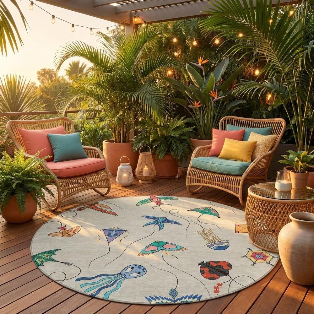 8' Beige And Orange Round Geometric Washable Indoor Outdoor Area Rug — view 8