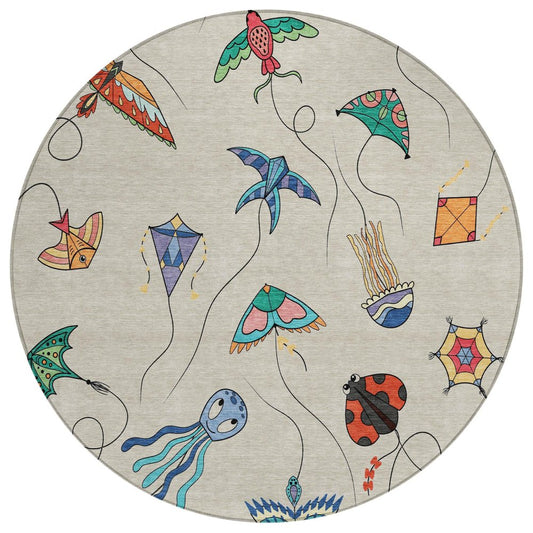 8' Beige And Orange Round Geometric Washable Indoor Outdoor Area Rug