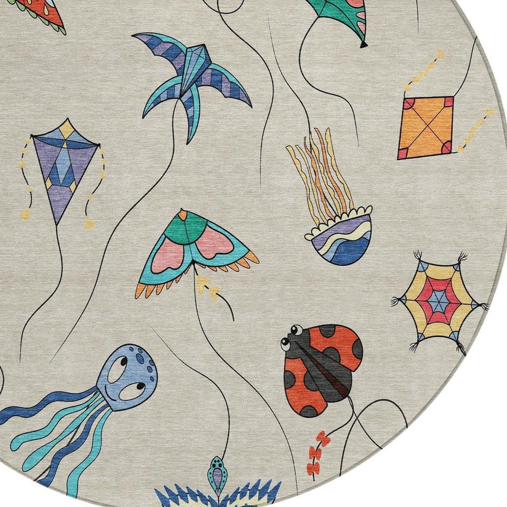 8' Beige And Orange Round Geometric Washable Indoor Outdoor Area Rug — view 4