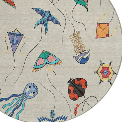 8' Beige And Orange Round Geometric Washable Indoor Outdoor Area Rug HomeRoots