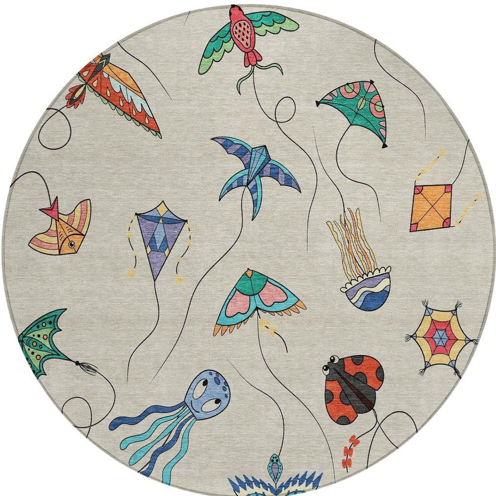 8' Beige And Orange Round Geometric Washable Indoor Outdoor Area Rug