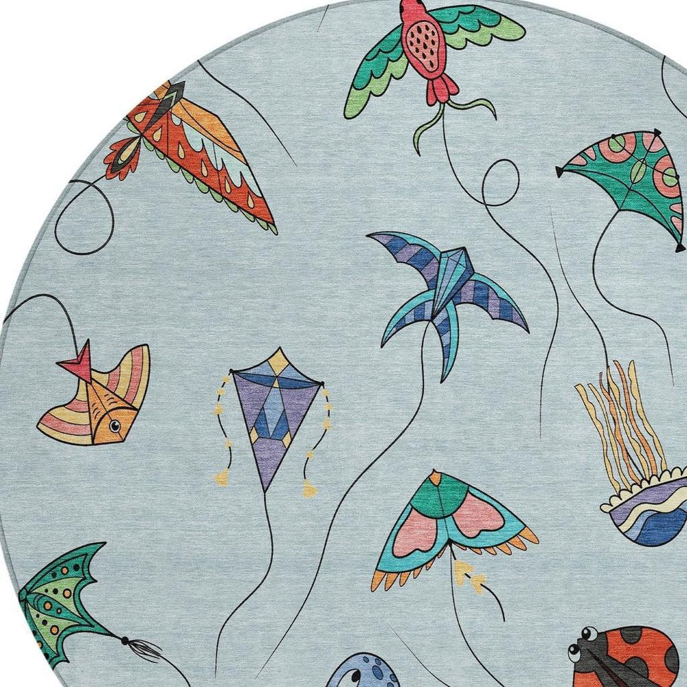8' Sky Blue And Gold Round Geometric Washable Indoor Outdoor Area Rug — view 7