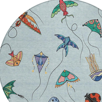 8' Sky Blue And Gold Round Geometric Washable Indoor Outdoor Area Rug HomeRoots