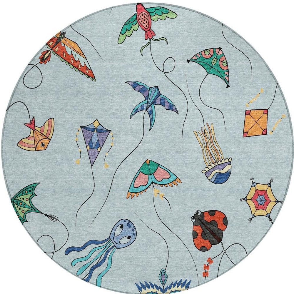 8' Sky Blue And Gold Round Geometric Washable Indoor Outdoor Area Rug HomeRoots