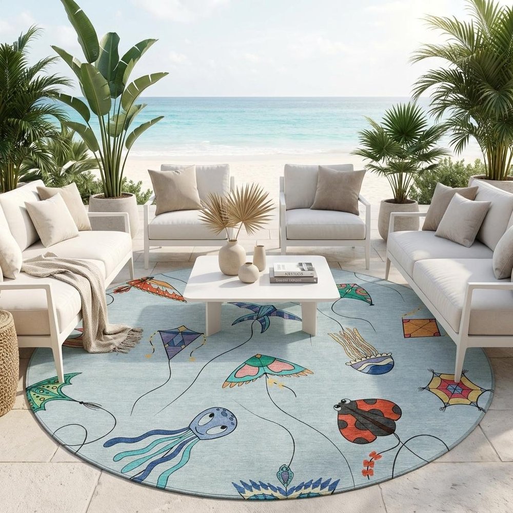 8' Sky Blue And Gold Round Geometric Washable Indoor Outdoor Area Rug HomeRoots