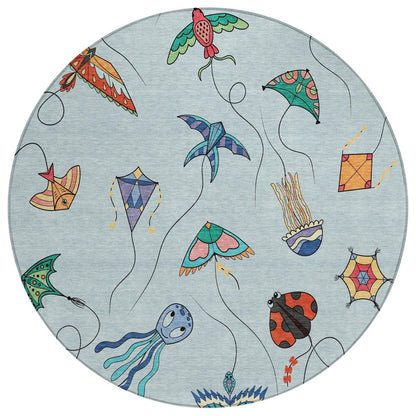 8' Sky Blue And Gold Round Geometric Washable Indoor Outdoor Area Rug HomeRoots