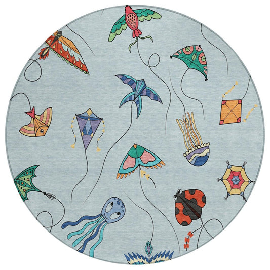 8' Sky Blue And Gold Round Geometric Washable Indoor Outdoor Area Rug