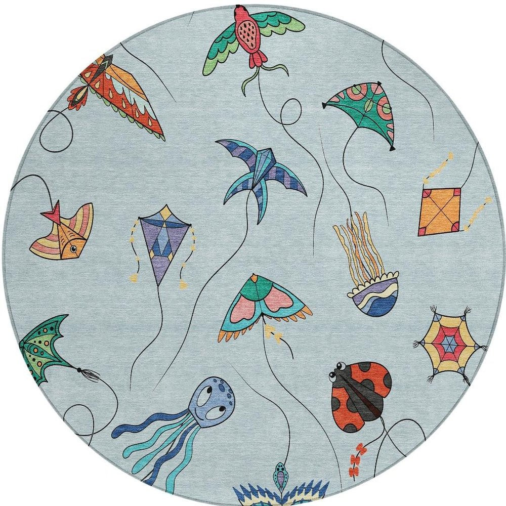 8' Sky Blue And Gold Round Geometric Washable Indoor Outdoor Area Rug HomeRoots