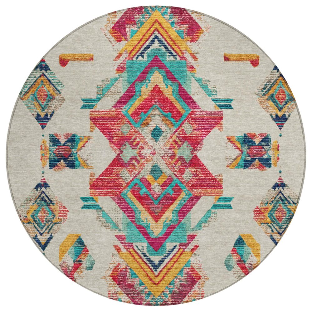 8' Beige And Ivory Round Tribal Washable Indoor Outdoor Area Rug — view 1