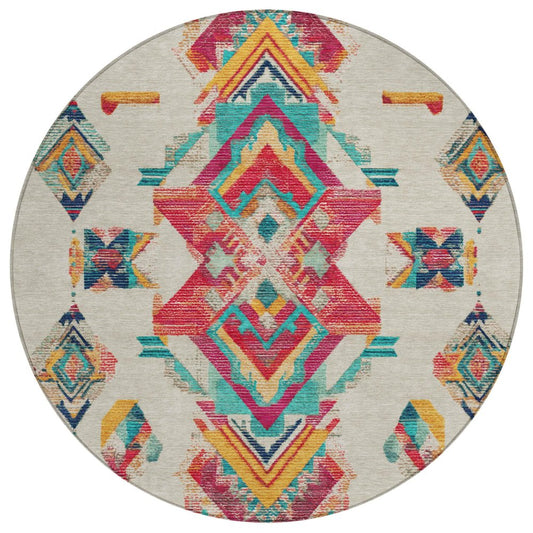 8' Beige And Ivory Round Tribal Washable Indoor Outdoor Area Rug