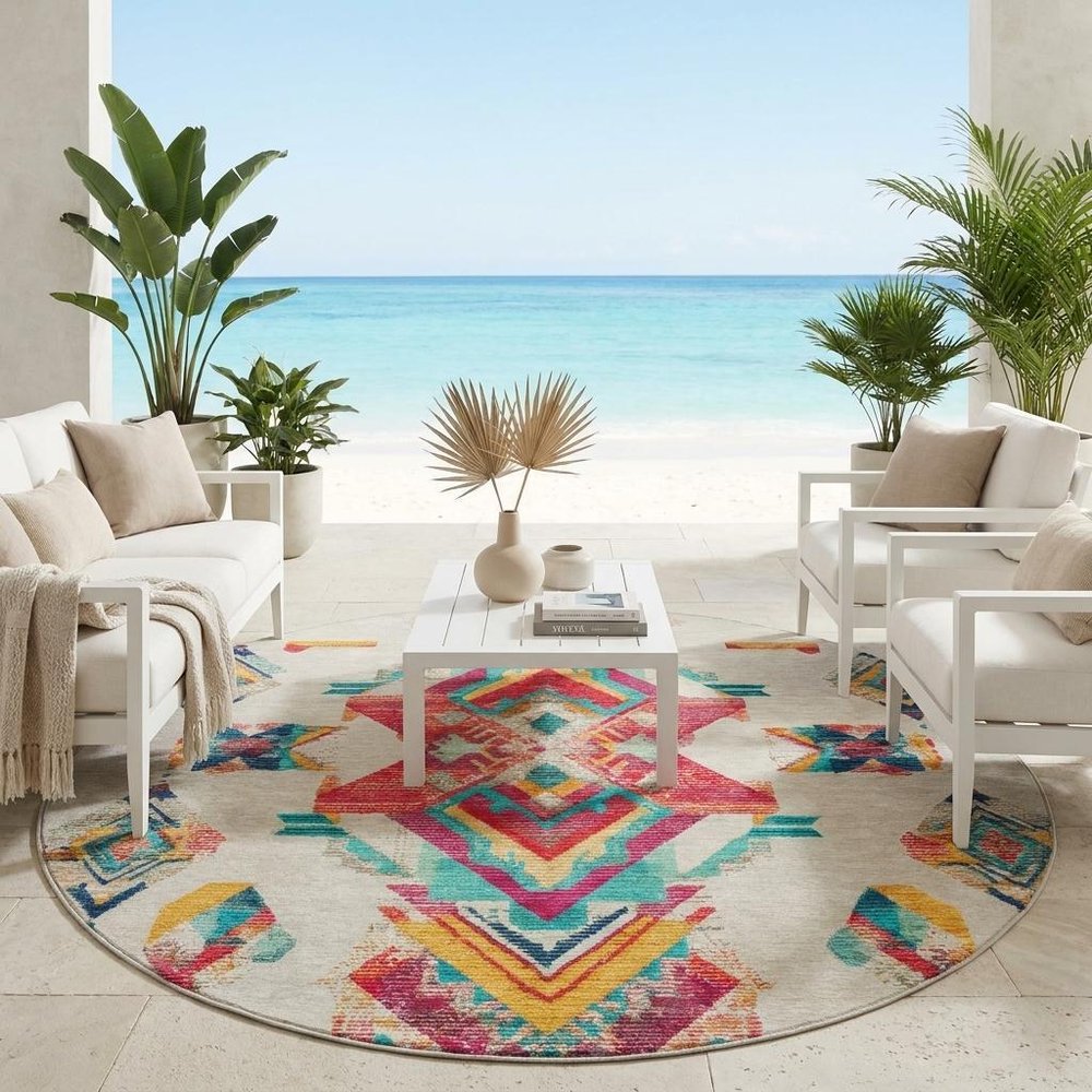 8' Beige And Ivory Round Tribal Washable Indoor Outdoor Area Rug HomeRoots