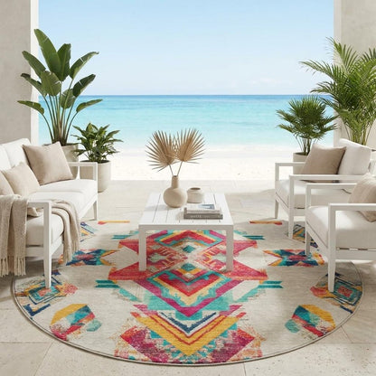 8' Beige And Ivory Round Tribal Washable Indoor Outdoor Area Rug HomeRoots