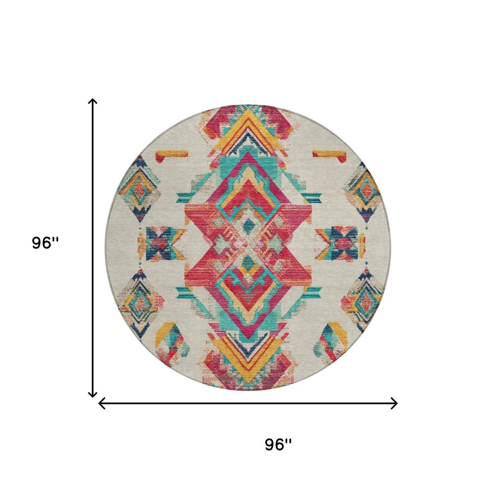 8' Beige And Ivory Round Tribal Washable Indoor Outdoor Area Rug — view 4