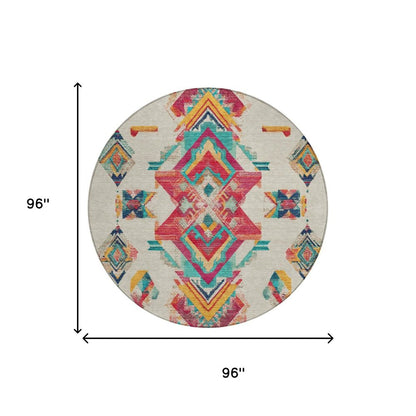 8' Beige And Ivory Round Tribal Washable Indoor Outdoor Area Rug