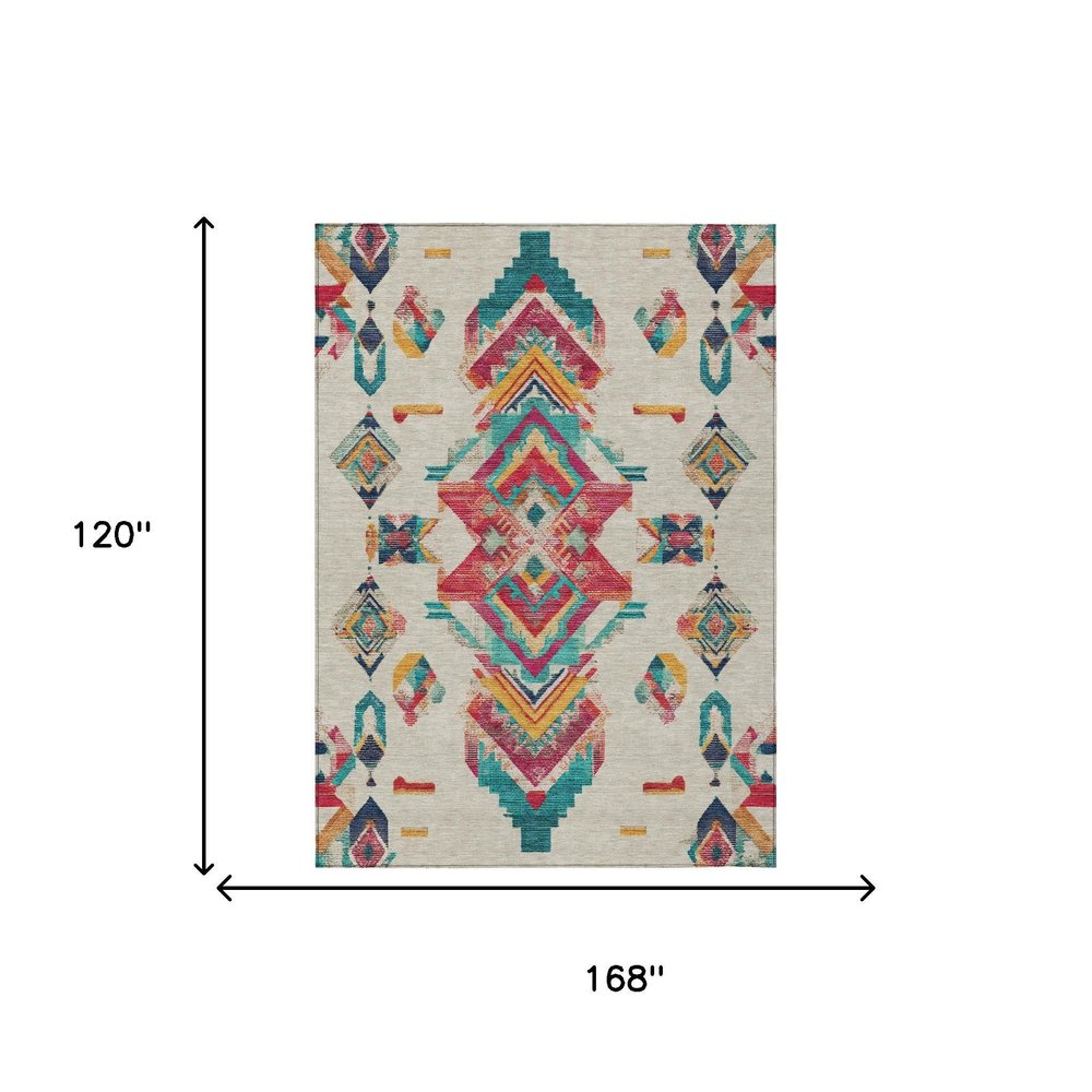 10' X 14' Beige And Ivory Tribal Washable Indoor Outdoor Area Rug — view 6