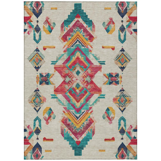 10' X 14' Beige And Ivory Tribal Washable Indoor Outdoor Area Rug