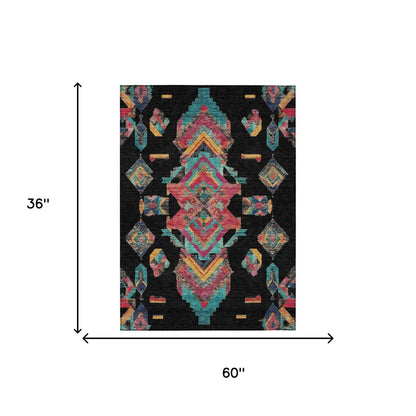 3' X 5' Black And Beige Tribal Washable Indoor Outdoor Area Rug HomeRoots