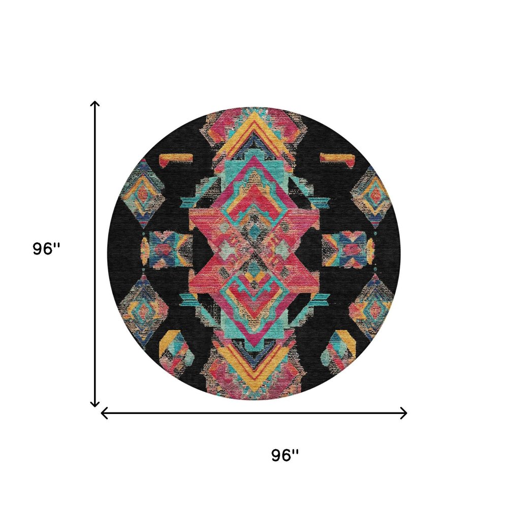 8' Black And Beige Round Tribal Washable Indoor Outdoor Area Rug HomeRoots
