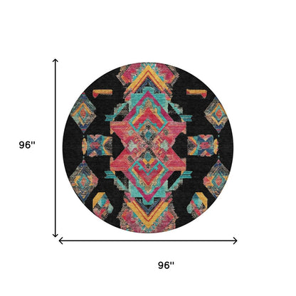 8' Black And Beige Round Tribal Washable Indoor Outdoor Area Rug