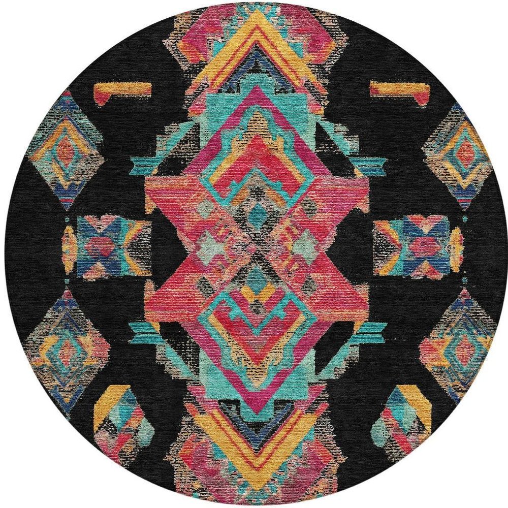8' Black And Beige Round Tribal Washable Indoor Outdoor Area Rug HomeRoots