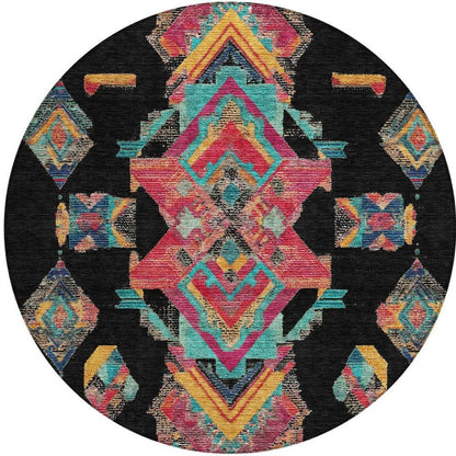 8' Black And Beige Round Tribal Washable Indoor Outdoor Area Rug HomeRoots