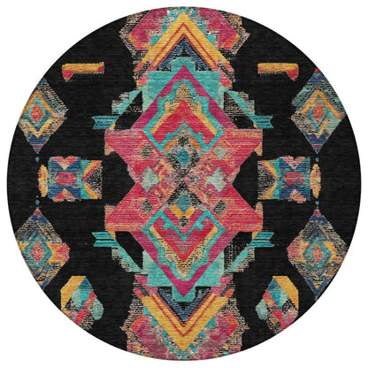 8' Black And Beige Round Tribal Washable Indoor Outdoor Area Rug HomeRoots