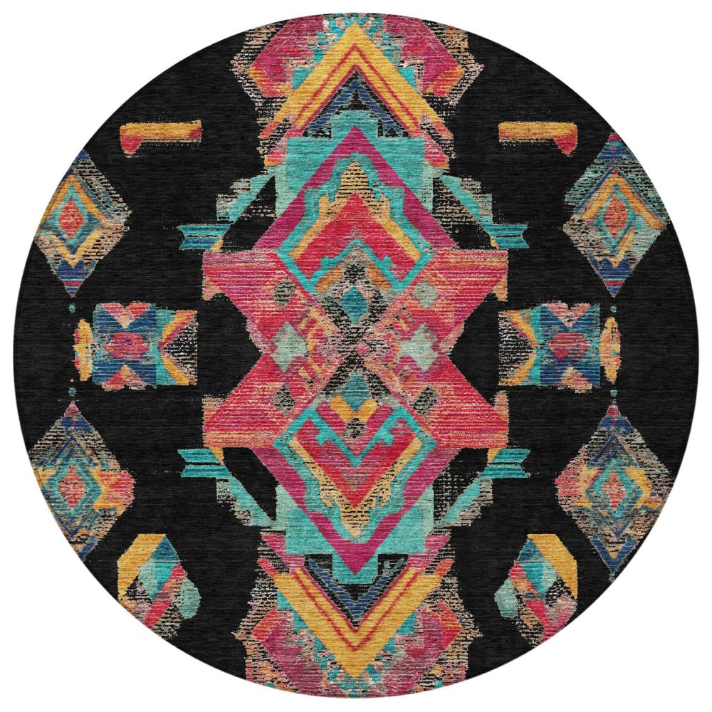 8' Black And Beige Round Tribal Washable Indoor Outdoor Area Rug