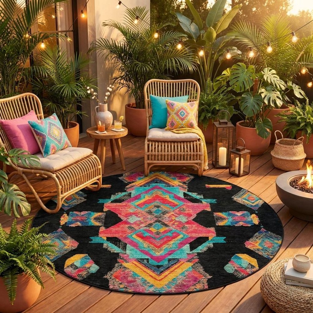 8' Black And Beige Round Tribal Washable Indoor Outdoor Area Rug — view 9