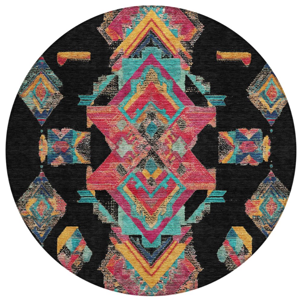 8' Black And Beige Round Tribal Washable Indoor Outdoor Area Rug HomeRoots