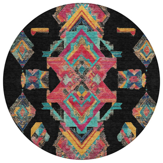 8' Black And Beige Round Tribal Washable Indoor Outdoor Area Rug