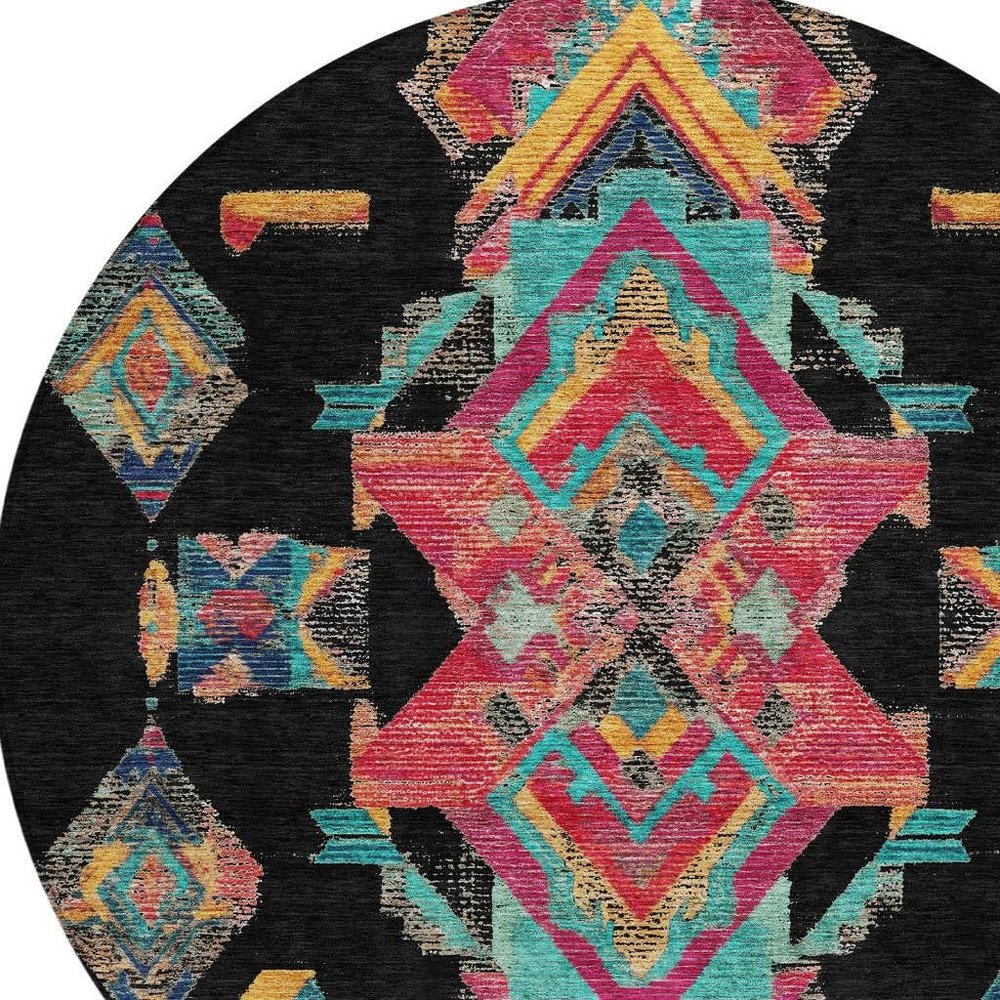 8' Black And Beige Round Tribal Washable Indoor Outdoor Area Rug — view 4