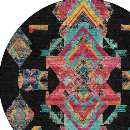 8' Black And Beige Round Tribal Washable Indoor Outdoor Area Rug HomeRoots