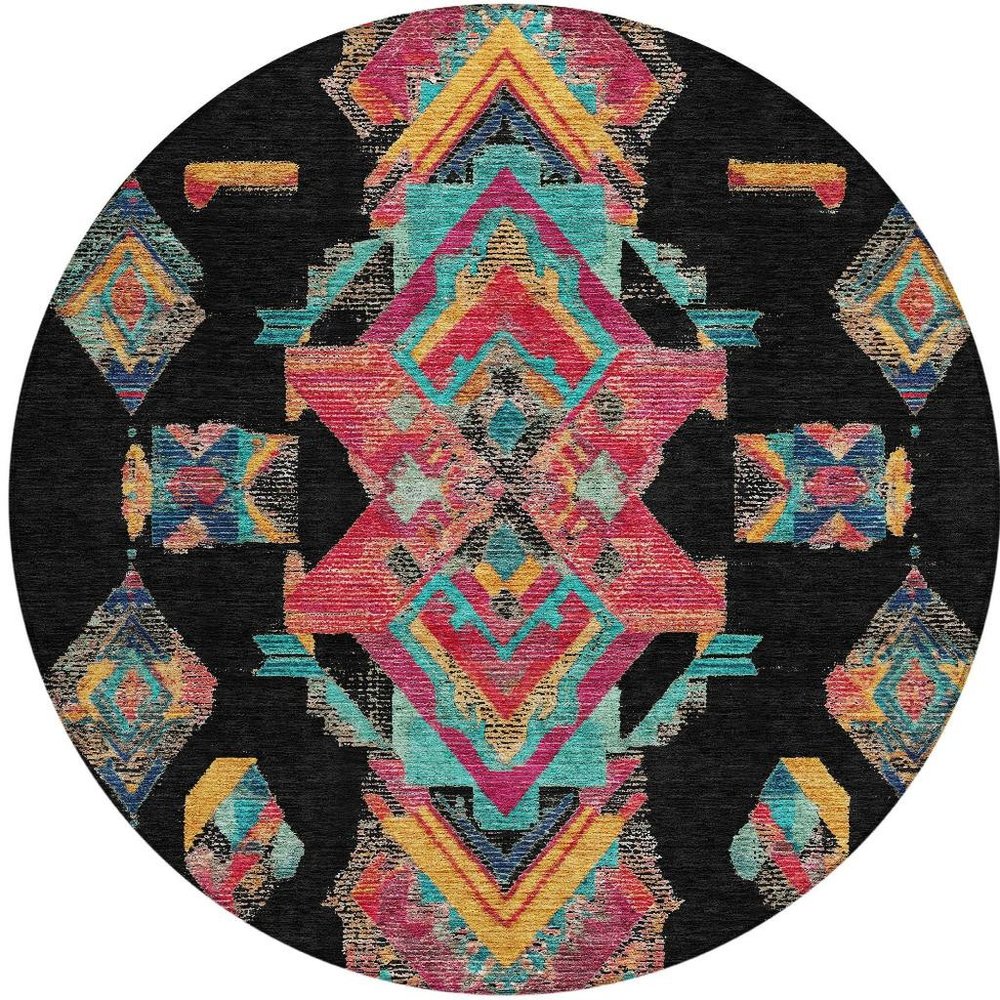 8' Black And Beige Round Tribal Washable Indoor Outdoor Area Rug — view 5