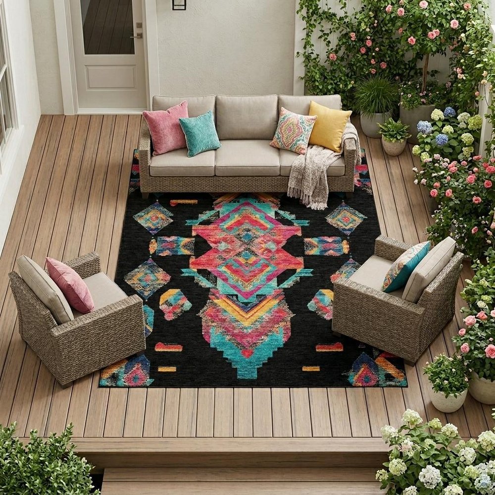 8' X 10' Black And Beige Tribal Washable Indoor Outdoor Area Rug — view 7