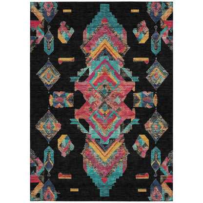 9' X 12' Black And Beige Tribal Washable Indoor Outdoor Area Rug