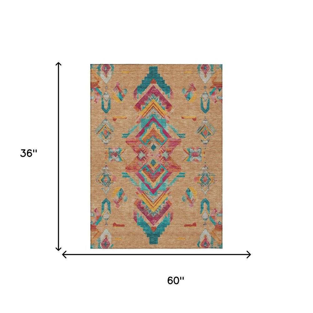 3' X 5' Copper And Ivory Tribal Washable Indoor Outdoor Area Rug — view 7