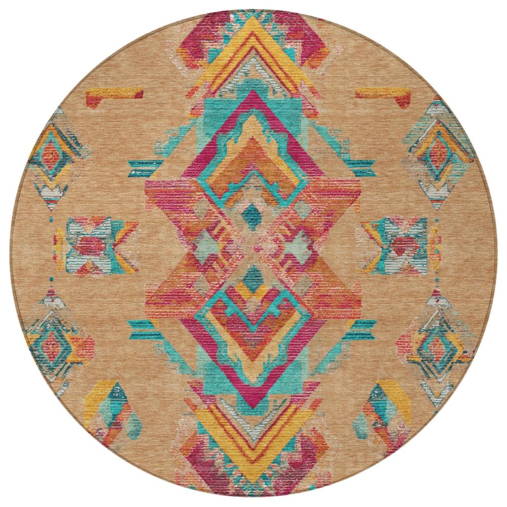 8' Copper And Ivory Round Tribal Washable Indoor Outdoor Area Rug HomeRoots